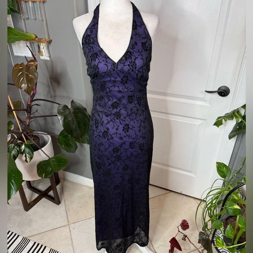 Byer Too Purple Halter Maxi Dress | Floral Burnout | Size M | USA Made - Picture 1 of 9